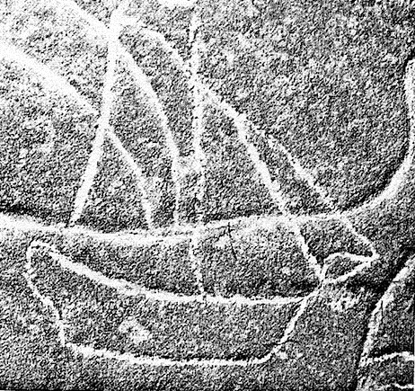 Aboriginal engraving of European ship on Hawkesbury River at Devil's Rock, Maroota c1880